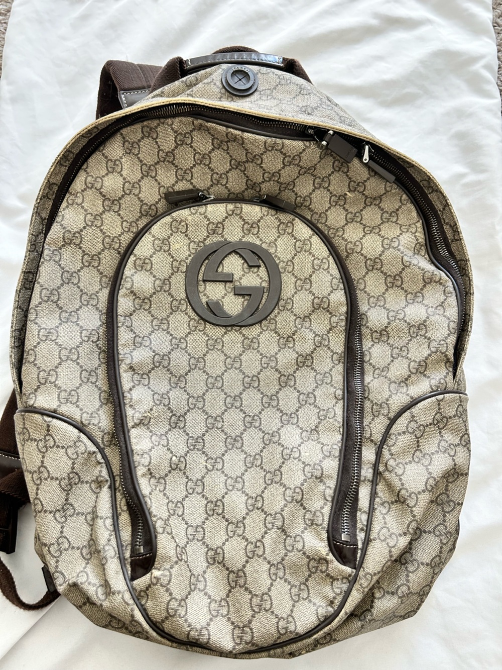 Gucci Beige GG Supreme Canvas Backpack with Brown Trim